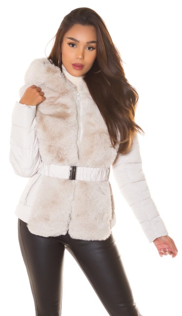 faux fur winter jacket with hood Beige